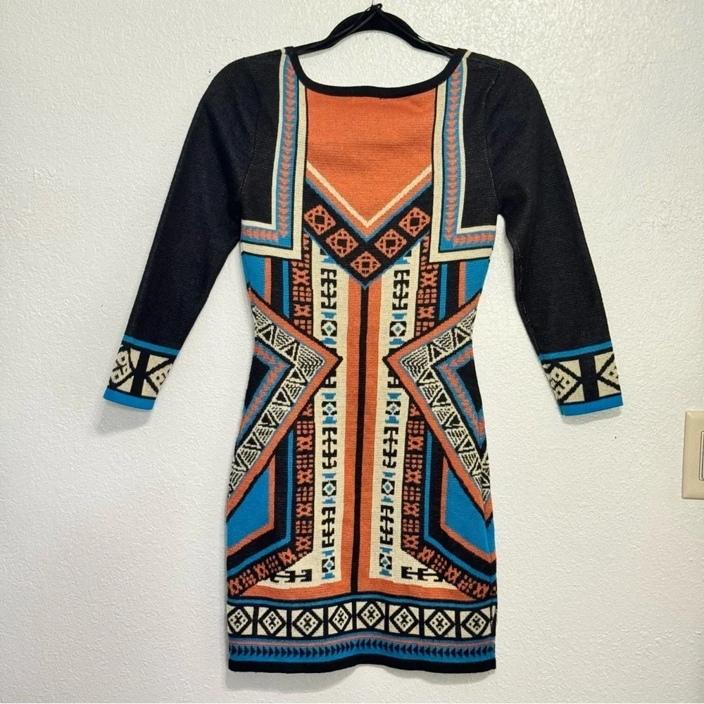 Anthropologie Flying Tomato Aztec Sweater Dress Black Blue Orange - Picture 6 of 9